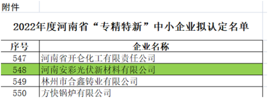 祝賀！光伏新材料通過河南省“專精特新”中小企業認定