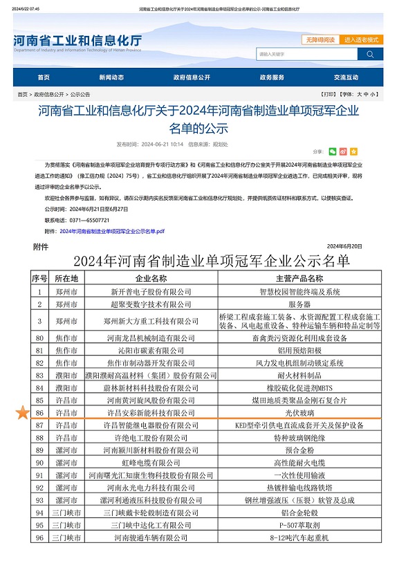 許昌安彩榮獲“2024年河南省制造業單項冠軍企業”稱號